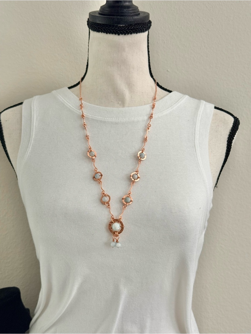 Artisan Aquamarine Beads Station Necklace with Hammered Copper Elements